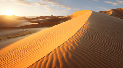 A beautiful desert landscape with sand mountains during midday Shows the golden sand, the blue sky that conveys a sense of tranquility and vastness - obrazy, fototapety, plakaty