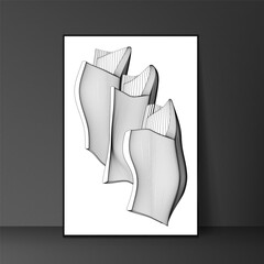 Black and white geometric interior artwork. The artwork has a modern and abstract style that creates contrast and balance.