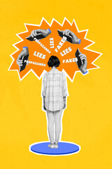 Vertical collage concept photo of woman watch propaganda stupid zombie smartphone display social...