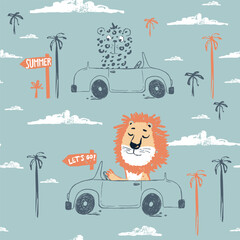 Lion and cheetah car funny cool summer t-shirt seamless pattern. Road trip vacation print design