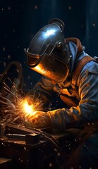 Welder with protective mask welding metal on dark background with sparks ai generated