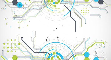 Abstract background with plexus effect. Scientific and technological concept with the use of technical elements formed in the shape of a circle.