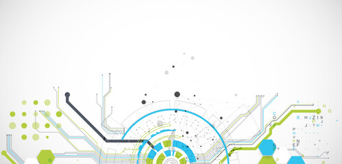 Abstract background with plexus effect. Scientific and technological concept with the use of technical elements formed in the shape of a circle.