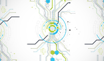 Abstract background with plexus effect. Scientific and technological concept with the use of technical elements formed in the shape of a circle.