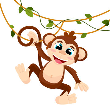 Vector illustration of a monkey jumping on vines.
