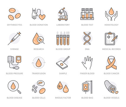 Hematology flat line icons set. Blood cell, vessel, sphygmomanometer, dna test, biochemical microscope vector illustrations. Outline signs for donor day. Orange Color. Editable Stroke