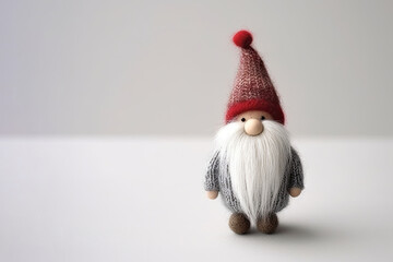 Soft toy cute Swedish Scandinavian folklore Christmas gnome nisse, tomte, with a big red hat and white beard, in the style of Danish design, with christmas background. Copy space. 