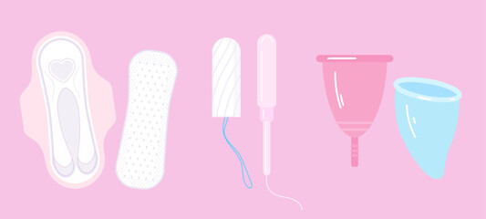 Sanitary pads with wings, tampons and menstrual cups. Feminine hygiene pads. Different personal hygiene items for menstruation. Tampon with applicator. Wing pads. Vector illustration. © Morena