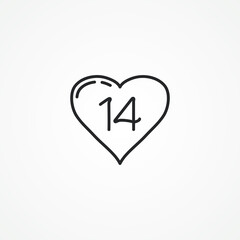 Heart line icon. heart with number 14 line icon.
