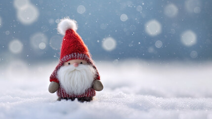 Naklejka na ściany i meble Soft toy cute Swedish Scandinavian folklore Christmas gnome nisse, tomte, with a big red hat, white beard, style of Danish design, with christmas winter snowy background. Copy space. AI generated