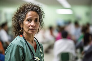 Closeup portrait of mature doctor woman with curly hair wearing uniform and stethoscope in hospital. - obrazy, fototapety, plakaty