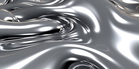 glossy silver metal fluid glossy chrome mirror water effect background backdrop texture 3d render illustration. Generative AI.
