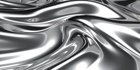 Zelfklevend Fotobehang glossy silver metal fluid glossy chrome mirror water effect background backdrop texture 3d render illustration. Generative AI. © mhebub