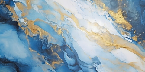 Gold and blue marbling abstract background, watercolor paint texture imitation. Generative AI.