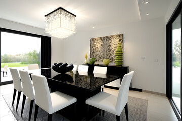 Interior of modern dining room with black table and white chairs. 3d render