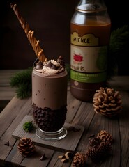 a drink sitting on top of a wooden table next to pine cones, by Aleksander Gierymski, fully chocolate, Miko, icy, blender - obrazy, fototapety, plakaty