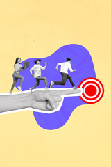 Fototapeta na wymiar Creative magazine collage image of purposeful workers running achieving aim first isolated beige color background