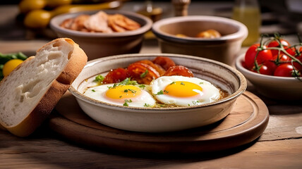 Italian mediterranean breakfast with eggs and tomato.