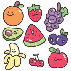 Cute cartoon fruits faces. Isolated vector illustration set. 