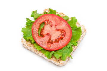 Rice Cake Sandwich with Tomato and Lettuce - Isolated on White. Easy Breakfast. Diet Food. Quick and Healthy Sandwiches. Crispbread with Tasty Filling. Healthy Dietary Snack - Isolation