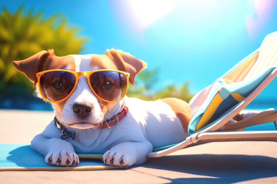 jack rusell dog sunbathing on a deck chair on vacation ai generative