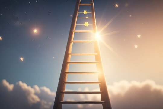 magical ladder rises up into the sky toward a soft cloud and stars ai generative