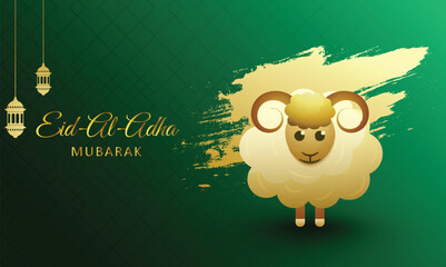 Eid-Al-Adha Mubarak (Festival of Sacrifice) Concept with Cartoon Sheep, Arabic Lamps Hang and Golden Brush Stroke Effect on Green Geometric Pattern Background.