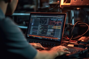 The skilled work of an automotive mechanical technician by capturing a close - up view of computer diagnostics in a garage. Generative AI