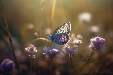 A beautiful butterfly sits on a flower in a meadow. 