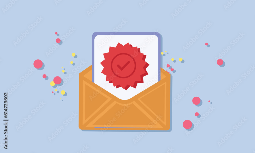 Poster letter with a check mark or confirmation in an open envelope. approval concept.