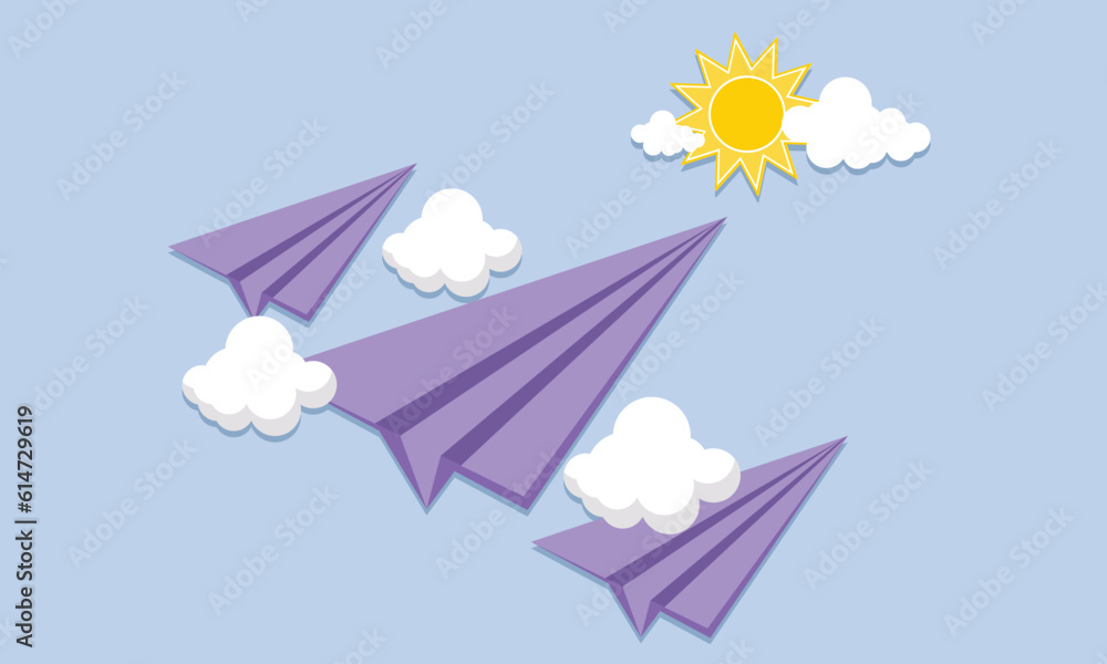 Poster minimal cartoon paper airplanes with clouds. paper plane in sky. send email or message concept.