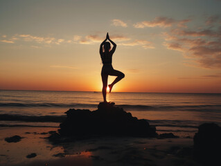 Woman practicing yoga tree pose on the beach in front of the sea at sunset. Generative AI
