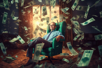 Obraz na płótnie Canvas a man in a chair, banknotes, dollars fall around. success and profit in business, lottery. generative ai, ai, generative