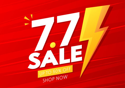 7.7 podium super sale banner template design for web or social media. Promotional Business Flash Sale Design. Vector July 7 Special Offer Illustration.