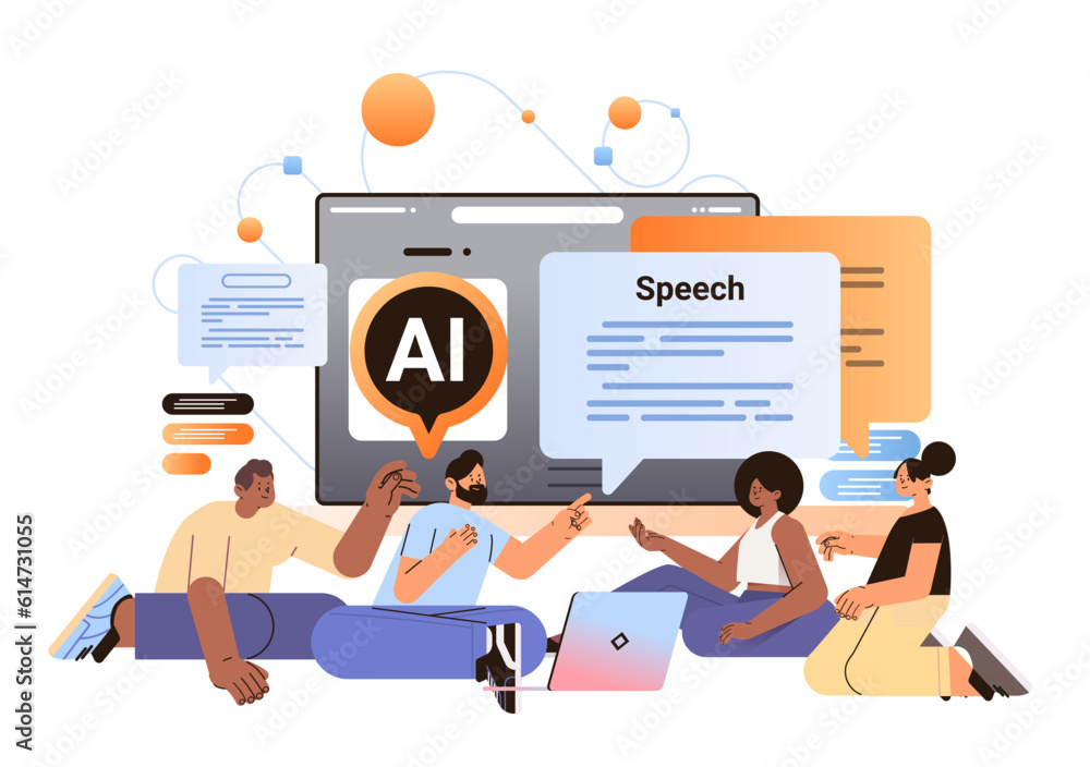 Poster mix race people chatting in computer app with ai helper bot social media network speech generation d