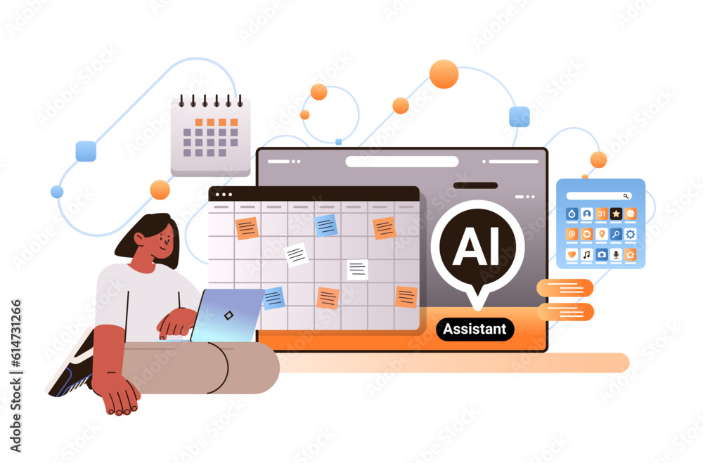 Poster businesswoman using computer app with personal ai assistant online service artificial intelligence s