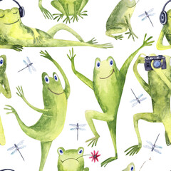 Watercolor Funny Frogs. Seamless patterns