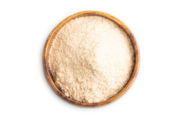 Powdered milk and buckwheat baby food mix isolated on white, top view