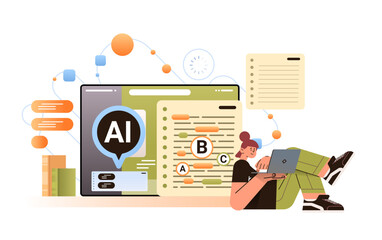 woman using writing assistant app wit ai helper bot copy writing automation technology scan mistakes and report text grammar errors