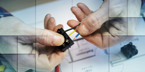 Electrician connecting wires in terminal block, geometric pattern