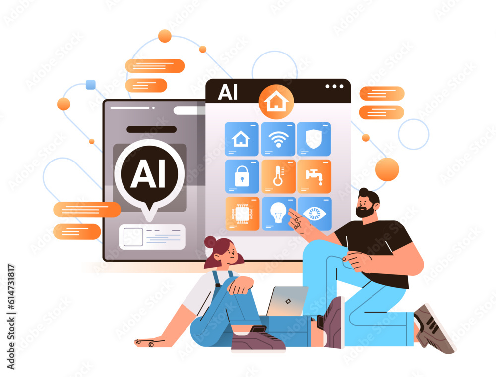 Poster people using home automation assistant computer app with ai helper bot smart home technology concept