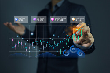 Fototapeta na wymiar Business people use analytic dashboards to calculate income, profit and loss in online or digital marketing business. Virtual chart analytic dashboard with businessman in a presentation gesture.