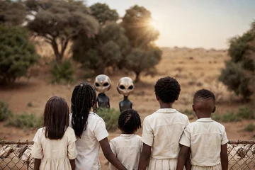 Poster back view of a group of children staying behind metall fences watching two blurry aliens,some  trees at day as the reconstruction of Zimbabwe alien encounters happened in 1994 at ariel school © Jenar