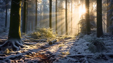 A magical snowy forest scene, featuring towering trees covered in a fresh blanket of snow, bathed in soft winter sunlight during the afternoon, creating a serene and enchanting atmosphere.