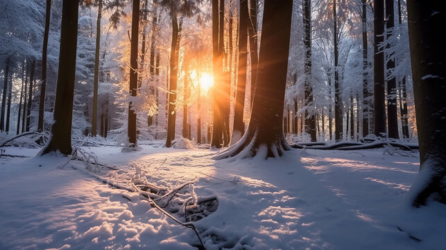 A magical snowy forest scene, featuring towering trees covered in a fresh blanket of snow, bathed in soft winter sunlight during the afternoon, creating a serene and enchanting atmosphere.