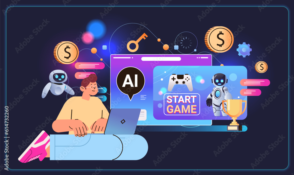 Poster man playing computer video games with ai helper bot game artificial intelligence technology concept