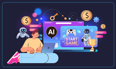 man playing computer video games with ai helper bot game artificial intelligence technology concept