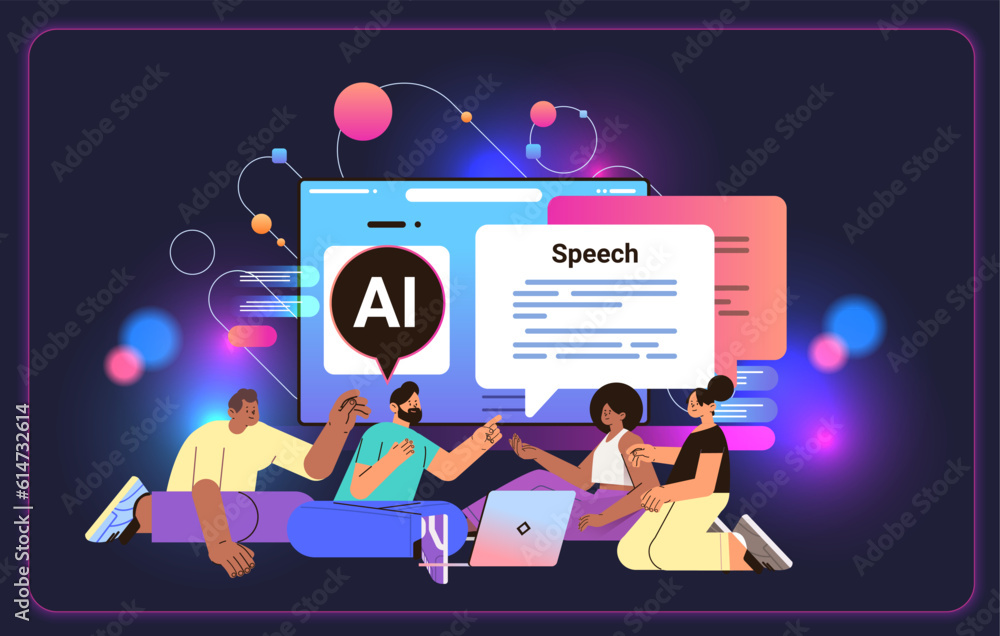 Poster mix race people chatting in computer app with ai helper bot social media network speech generation d