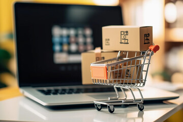 Packages and boxes online shopping in a cart next to a laptop with blurry background