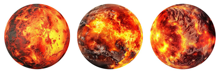 Set of scorched planets isolated on transparent background - Generative AI